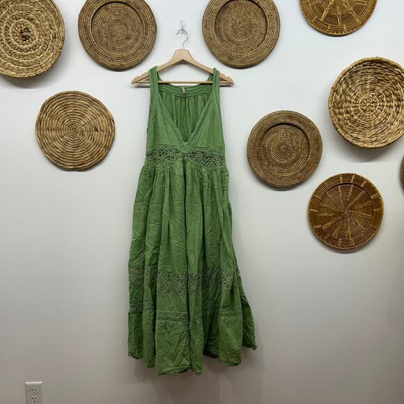 Free People Carla Lace Maxi Dress Medium Moss Green Sleeveless Boho Long Summer - Picture 3 of 8